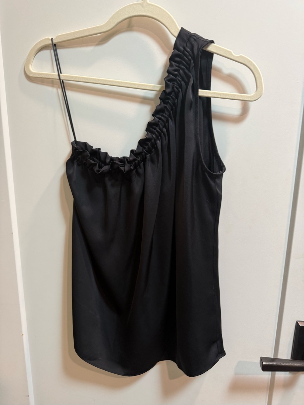 Ramy Brook Black One-Shoulder Ruffle Satin Top